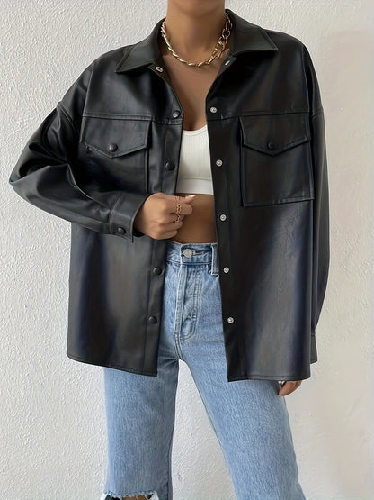 Antmvs Faux Leather Flap Pockets Jacket, Vintage Long Sleeve Drop Shoulder Solid Outwear , Women's Clothing