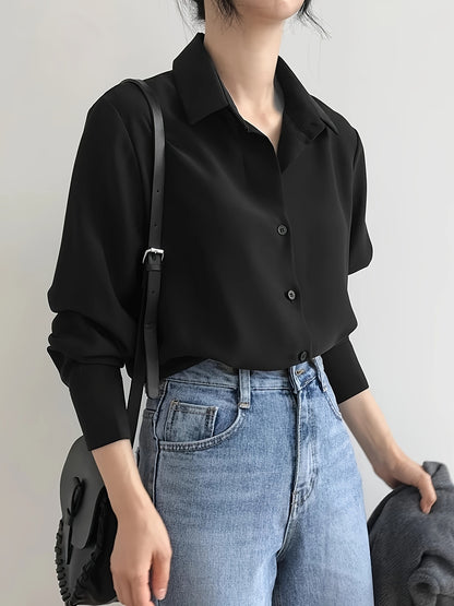 Antmvs Solid Button Front Simple Shirt, Versatile Long Sleeve Shirt For Spring & Fall, Women's Clothing