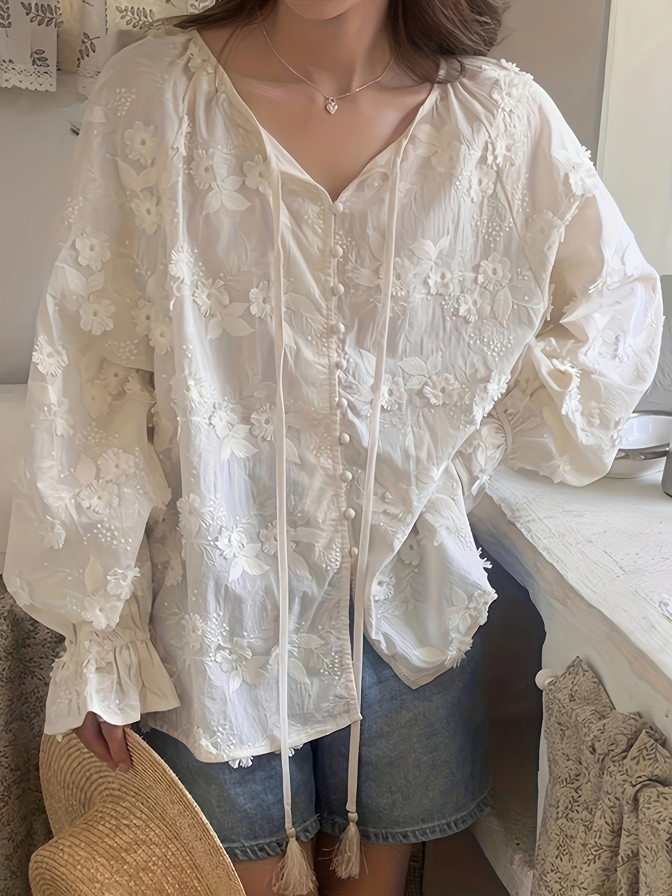 Antmvs Floral Embroidered Blouse, Elegant Drawstring Long Sleeve Blouse, Women's Clothing