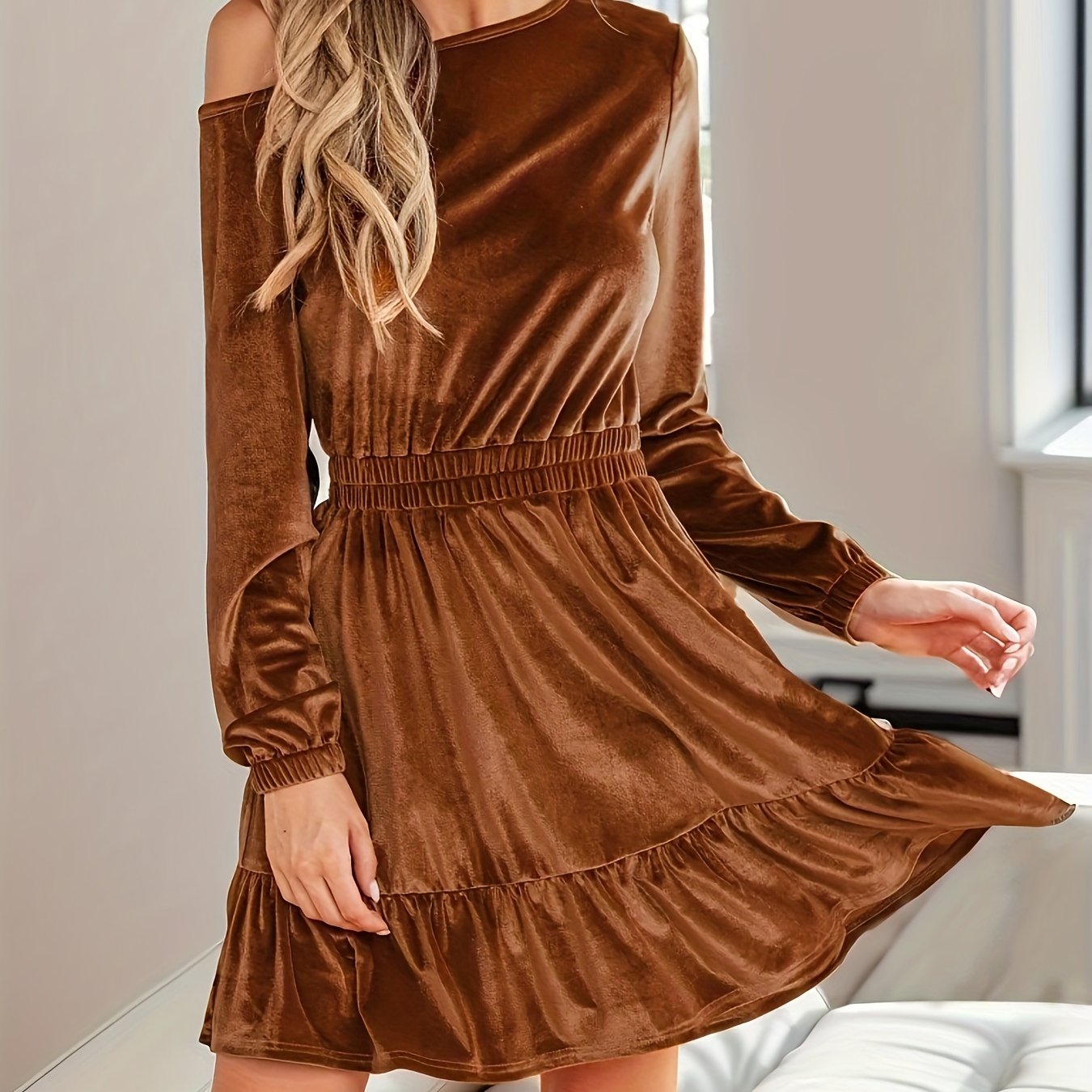 Antmvs Solid Velvet One-shoulder Dress, Casual Long Sleeve Cinched Waist Ruffle Hem Dress For Spring & Fall, Women's Clothing