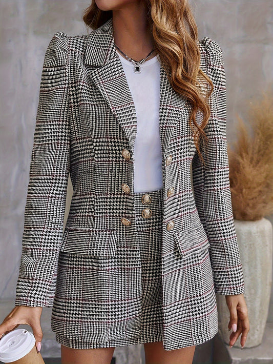 Antmvs Elegant Two-piece Set, Double Breasted Blazer & Mini Skirt Outfits, Women's Clothing