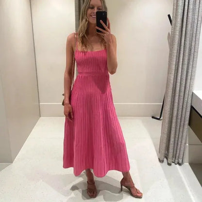 Knitted Pleated Long Dress High Waist Midi Sling Elegant Sleeveless Yellow Women Streetwear Black Bodycon 240226