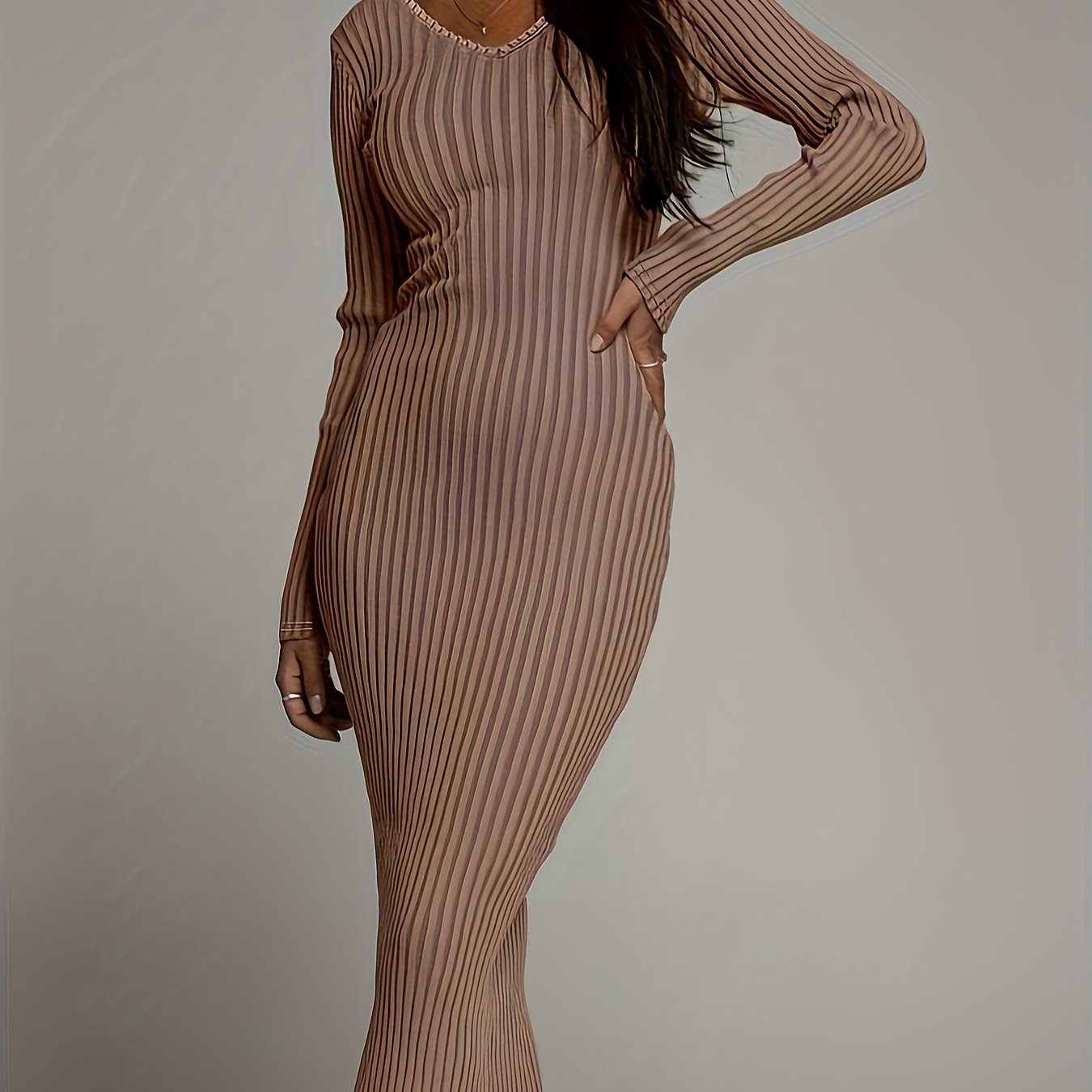 Antmvs Bodycon V-neck Solid Dress, Long Sleeve Dress For Spring & Fall, Women's Clothing