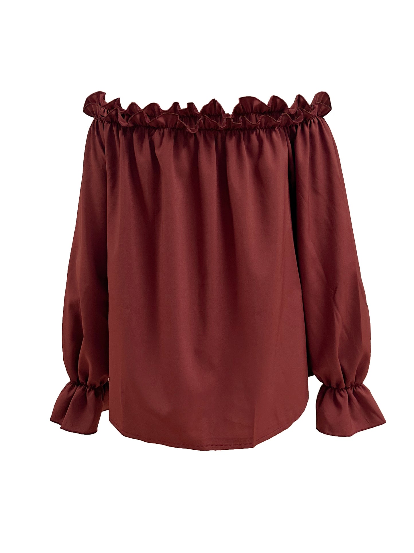 Antmvs Ruffle Trim Off-shoulder Blouse, Casual Solid Color Lantern Sleeve Blouse, Women's Clothing