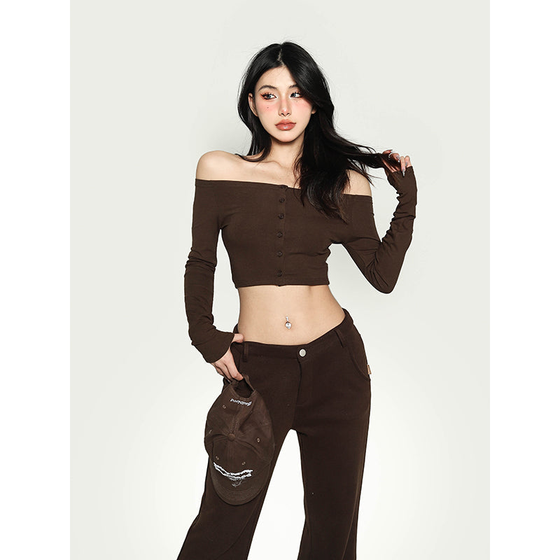 Antmvs Kiara Solid Color One-shoulder Long-sleeved Off the Shoulder Slim Cropped Top