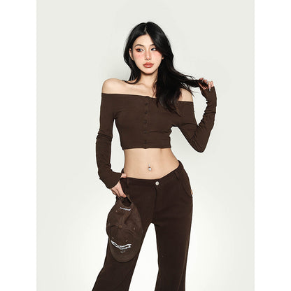 Antmvs Kiara Solid Color One-shoulder Long-sleeved Off the Shoulder Slim Cropped Top