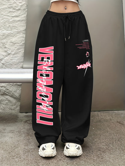 Antmvs Letter Print Drawstring Waist Loose Pants, Casual Hip-hop Streetwear Pants, Women's Clothing