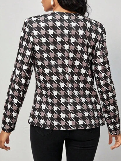 Antmvs Pockets Houndstooth Plus Size Loose V-neck Outerwear Blazer