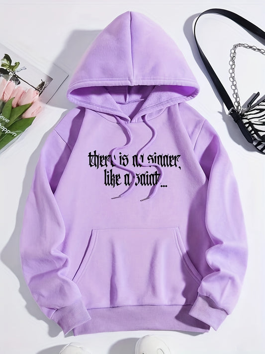 Antmvs Plus Size Casual Sweatshirt, Women's Plus Slogan Print Long Sleeve Drawstring Hooded Sweatshirt With Pockets