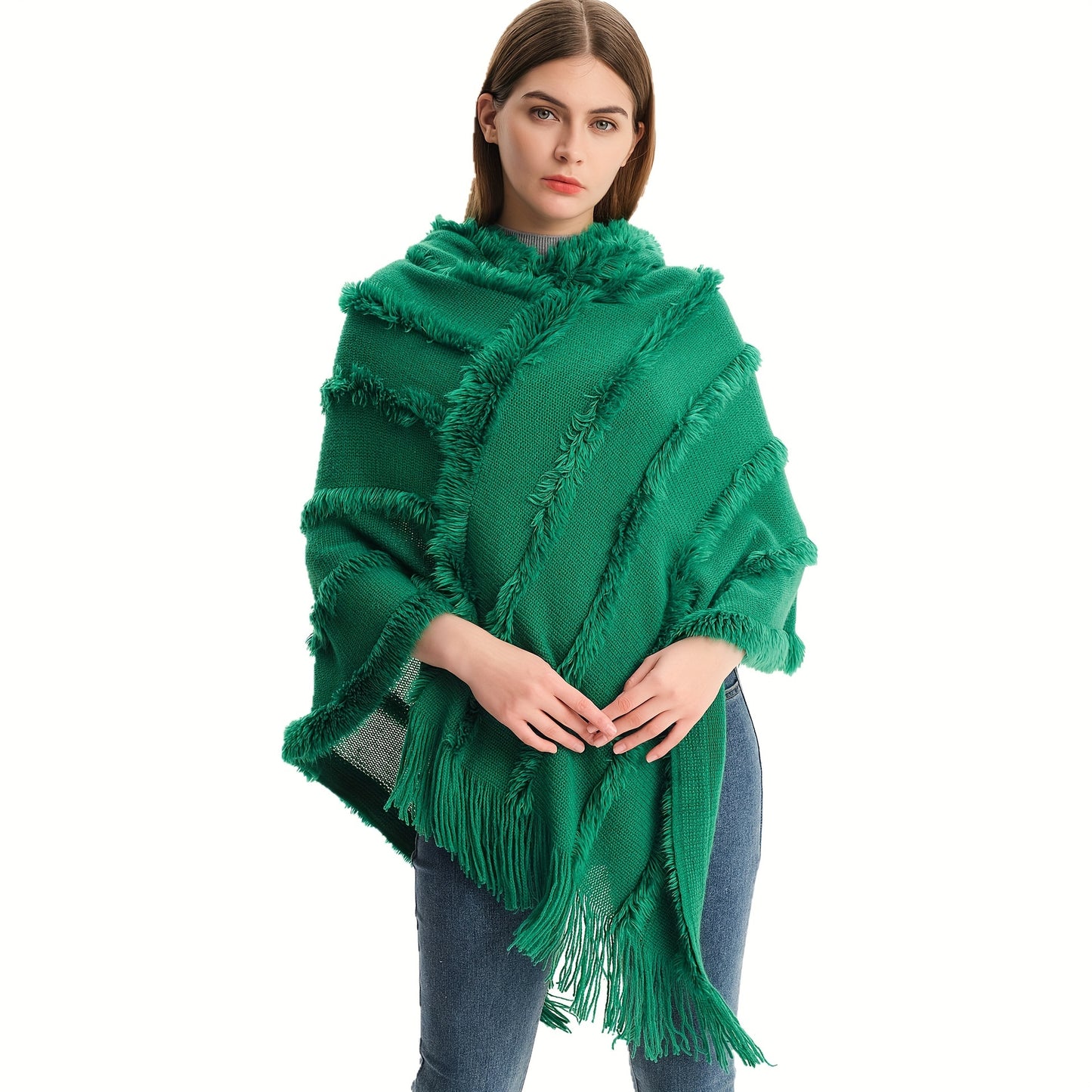 Antmvs Loose Knit Hooded Pullover Poncho Large Solid Color Batwing Tassel Shawl Autumn Winter Travel Outside Windproof Cape