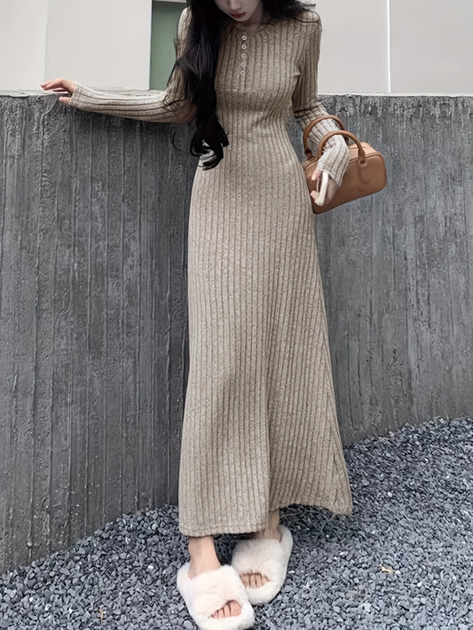 Antmvs Button Front Lapel Neck Ribbed Dress, Chic Solid Color Long Sleeve Dress For Fall & Winter, Women's Clothing