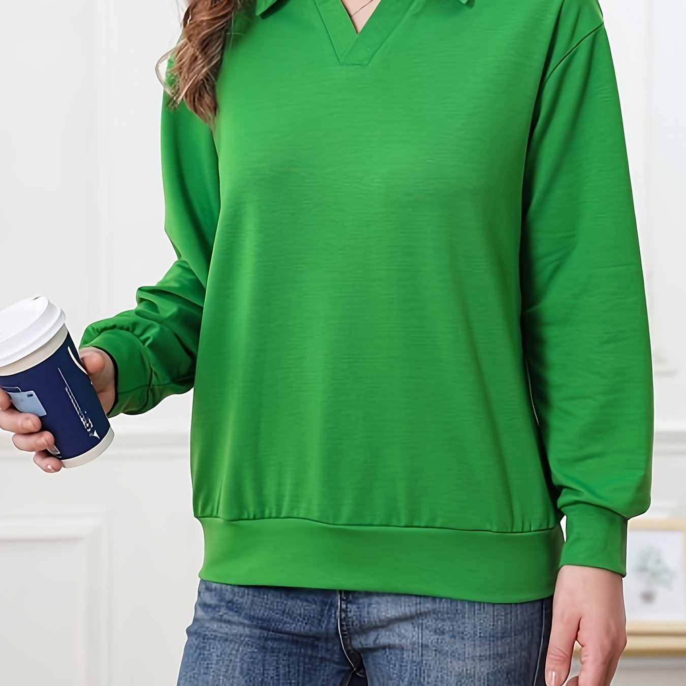 Antmvs Solid Polo Collar T-Shirt, Casual Long Sleeve Top For Spring & Fall, Women's Clothing