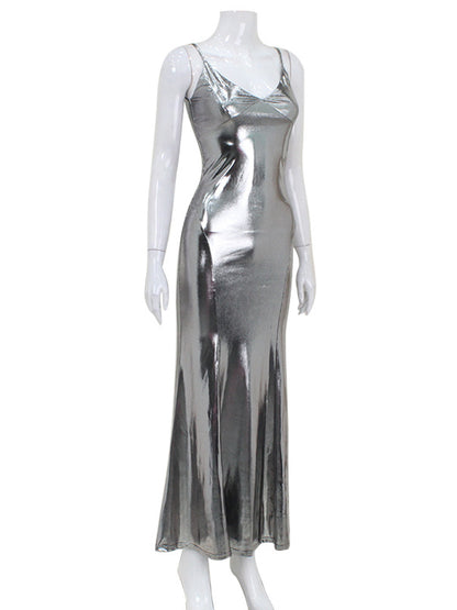 Antmvs Split-Joint Solid Color Shiny Sleeveless V-neck Maxi Dresses