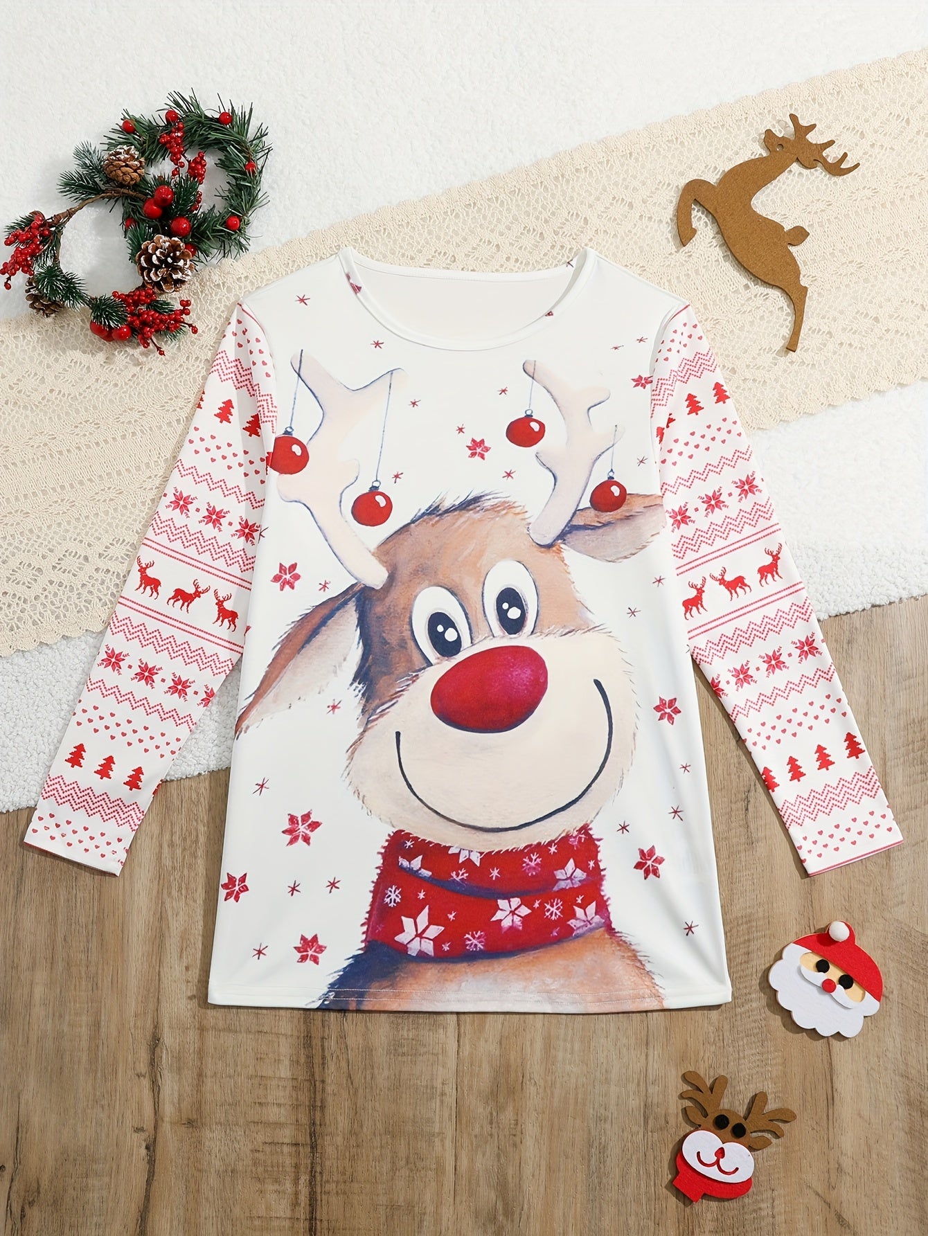 Vibrant Kitty & Reindeer Graphic Long Sleeve T-Shirt for Girls - Soft, Breathable, and Comfortable Fabric - Perfect for Spring, Fall, and Christmas Gift Ideas