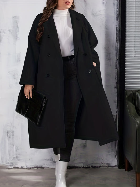 Antmvs Plus Size Elegant Coat, Women's Plus Solid Long Sleeve Lapel Collar Double Breasted Button Up Trench Coat