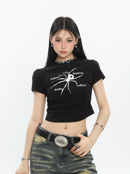 Antmvs Spidergirl Graphic Image Print Short Sleeve Ruched Pleated Cropped Top