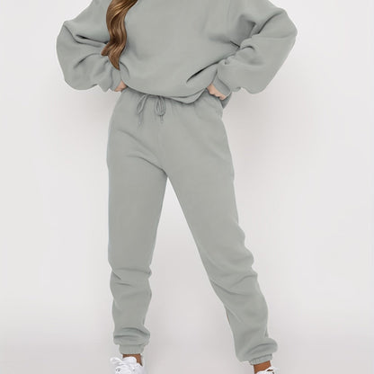 Antmvs Solid Casual Two-piece Set, Crew Neck Long Sleeve Tops & Drawstring Jogger Pants Oufits, Women's Clothing