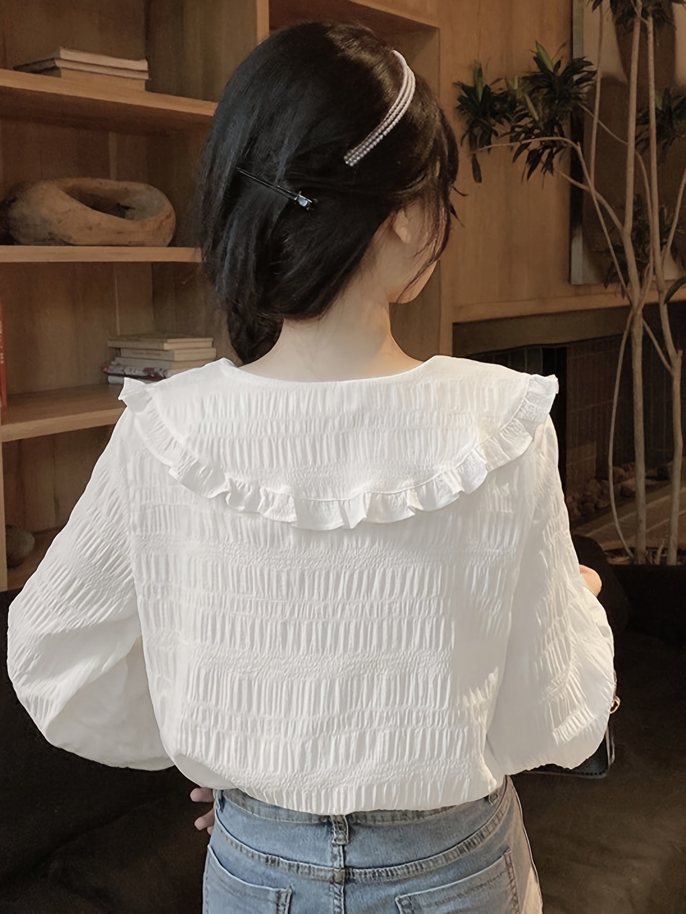 Antmvs Solid Textured Peter Pan Collar Blouse, Sweet Long Sleeve Button Front Blouse For Spring & Fall, Women's Clothing