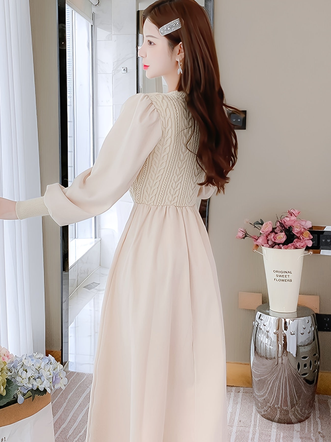 Antmvs Crew Neck Knitted Maxi Dress, Elegant Solid Color Button Long Sleeve Sweater A-line Dress For Fall & Winter, Women's Clothing