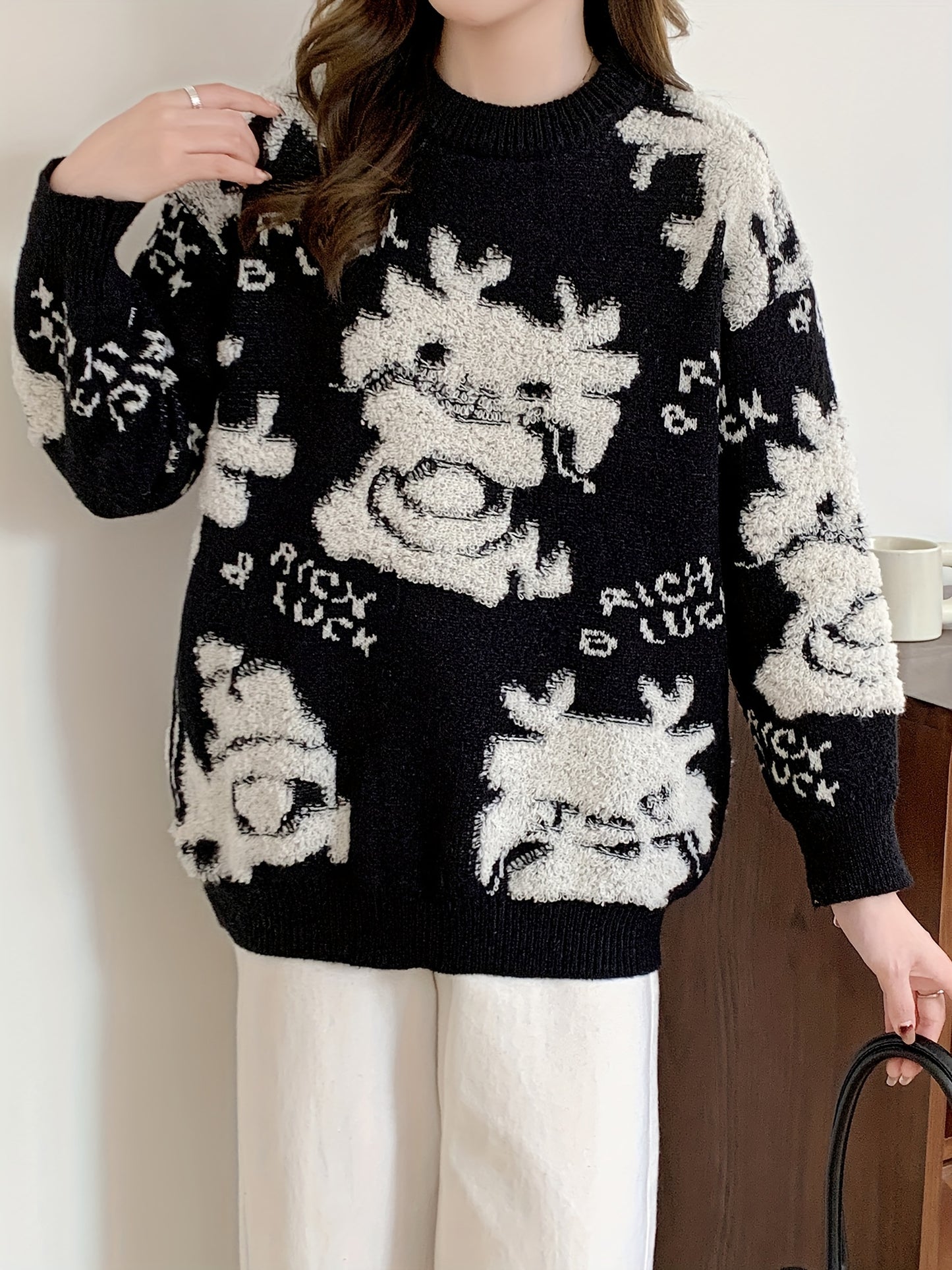 Antmvs Dragon Pattern Crew Neck Pullover Sweater, Cute Long Sleeve Fall Winter Sweater, Women's Clothing