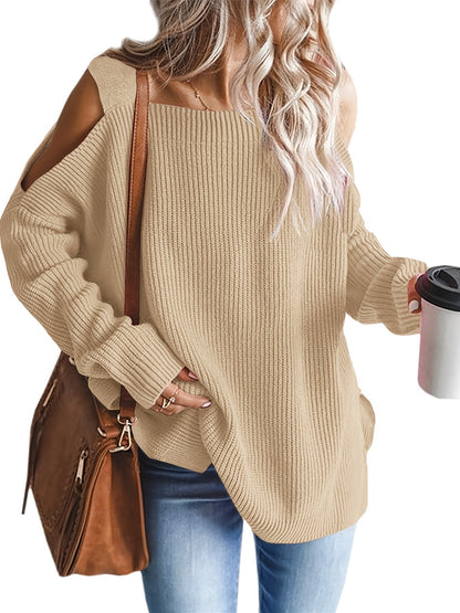 Antmvs Cold Shoulder Oversized Sweater, Casual Long Sleeve Sweater For Fall & Winter, Women's Clothing