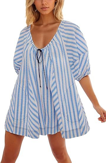 Antmvs -  Womens Striped Romper Casual Loose Puff Sleeve Wide Leg Jumpsuit Overall with Pockets