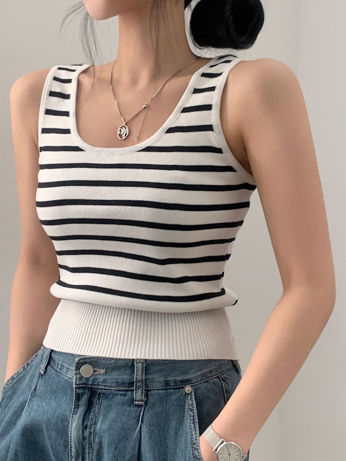 Antmvs Striped Knitted Tank Top, Sleeveless Casual Sweater, Women's Clothing