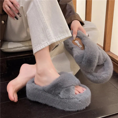 Winter Fluffy Slippers Women House Home Fur Slippers for Women Flat Platform Cozy Fuzzy Indoor Shoes Korean Slides 240830