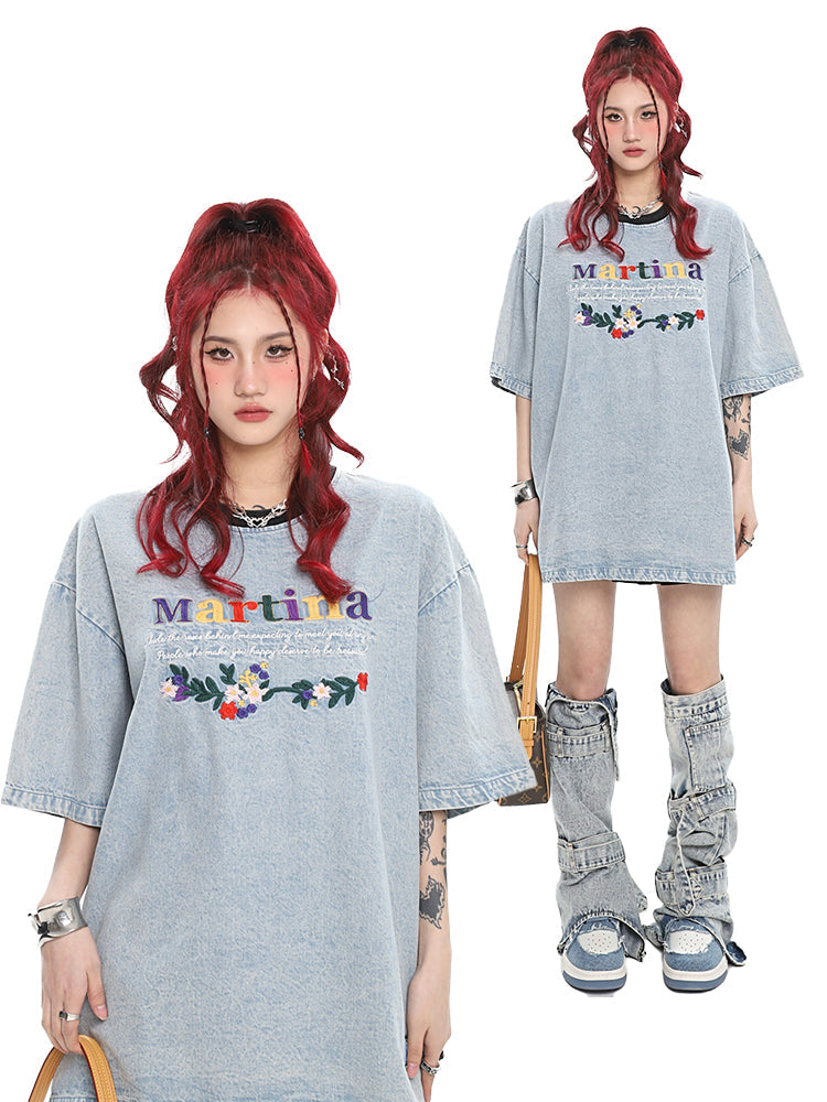 Antmvs Martina Colorful Letter Embroidery Washed Denim Blue Short Sleeve Baggy Long T-shirt Top