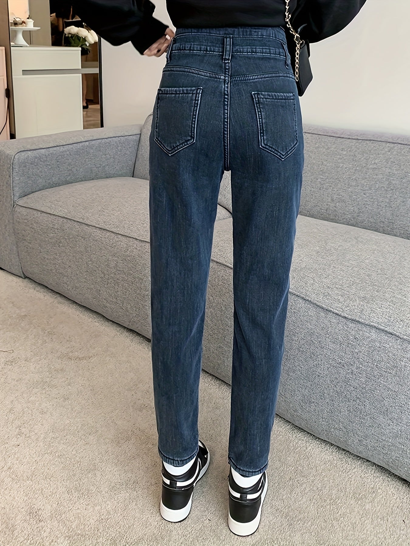 Antmvs Fleece Liner Casual Straight Jeans, High Waist Double Button Cropped Denim Pants, Women's Denim Jeans & Clothing