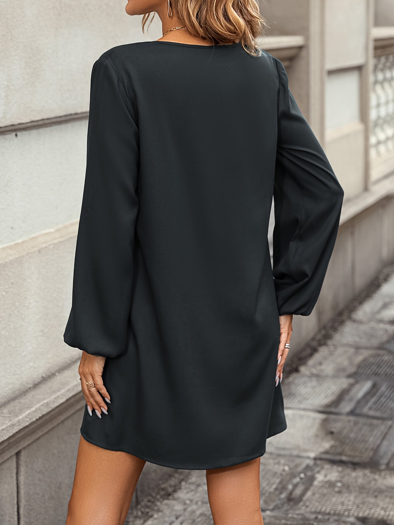 Antmvs Notched Neck Simple Dress, Elegant Lantern Long Sleeve Mini Dress, Women's Clothing