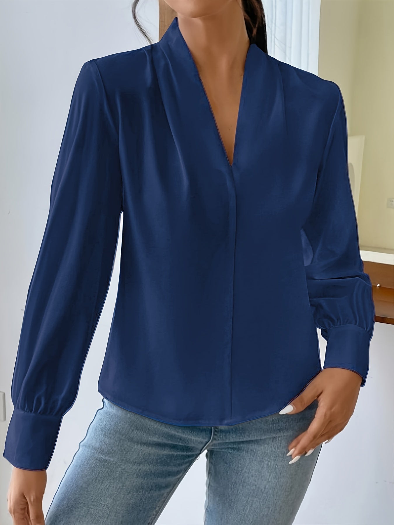 Antmvs Tucked Simple Blouse, Casual V Neck Long Sleeve Blouse, Women's Clothing