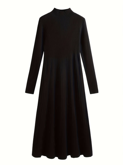 Antmvs Mock Neck Ribbed Dress, Casual Solid Long Sleeve Midi Dress, Women's Clothing