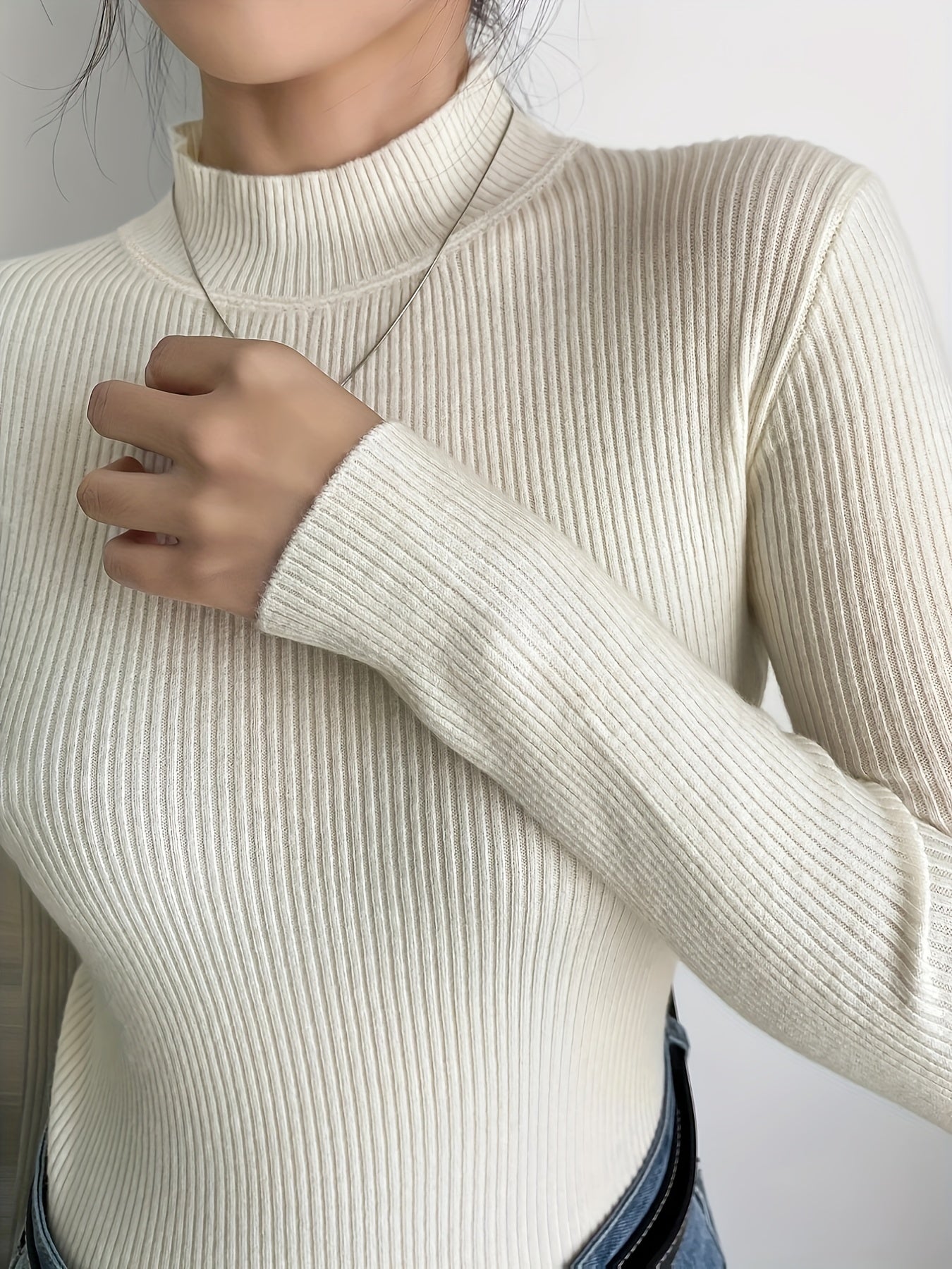 Antmvs High Neck Rib Knit Sweater, Casual Solid Long Sleeve Sweater, Women's Clothing