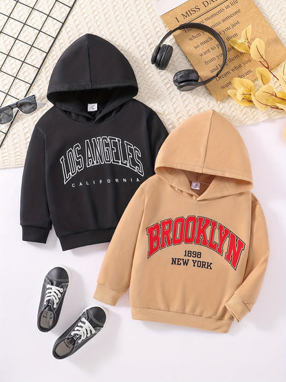 2pcs Letter Print Boys Casual Pullover Hooded Long Sleeve Sweatshirt For Spring Fall, Kids Clothing