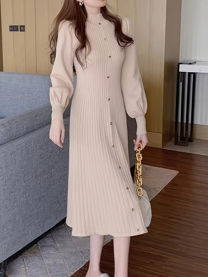 Antmvs Ribbed Mock Neck Dress, Casual Button Front Long Lantern Sleeve Dress, Women's Clothing