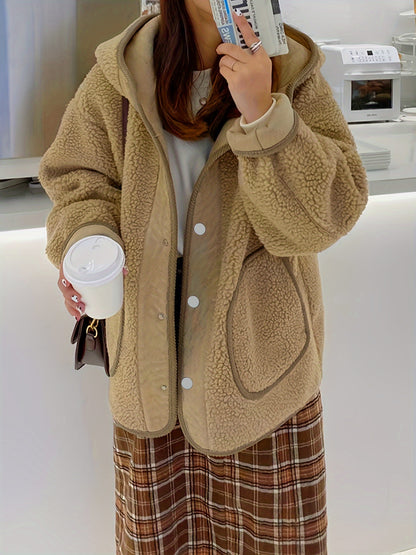 Antmvs Solid Hooded Teddy Coat, Casual Button Front Long Sleeve Winter Outerwear, Women's Clothing
