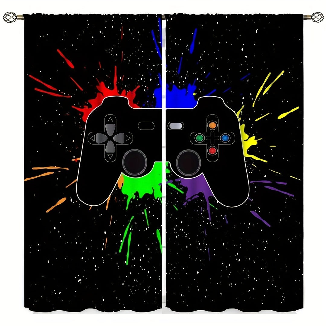 2pcs Gamepad Printed Curtains, Game Controller Fabric Window Drapes, Window Treatments For Playroom Bedroom Office Kitchen Living Room Study Home Decor