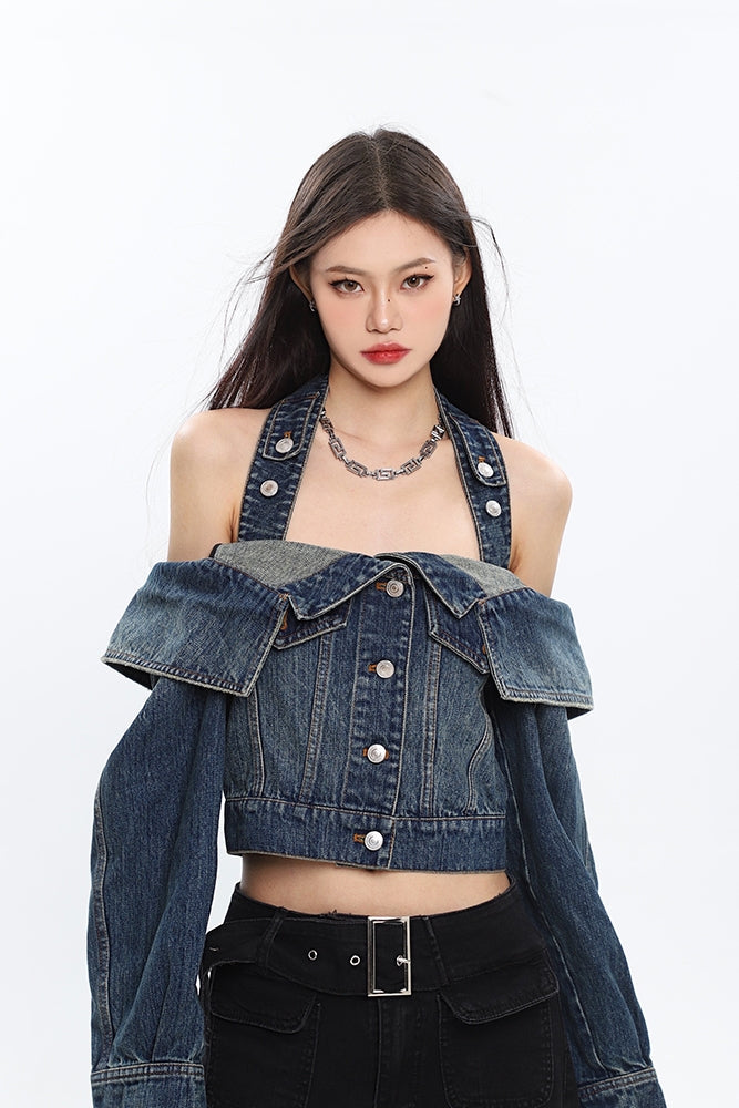 Antmvs Seanna Denim Blue Spice Neck Off-the-Shoulder Halter Loose Cropped Jacket Top