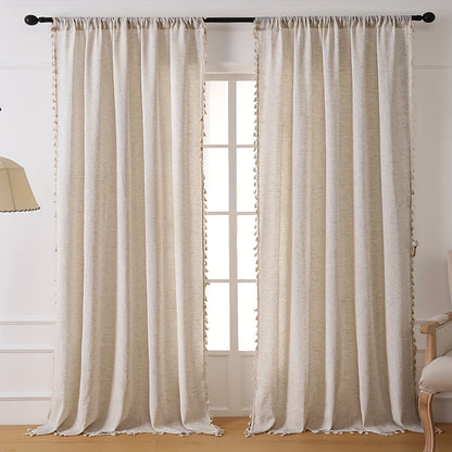 1PC Luxurious Solid Khaki Rod Pocket Curtain with Exquisite Tassel Trim - Bohemian Chic Decor for Living Room, Office, and Home - Easy to Hang, Durable, and Dust-Repellent