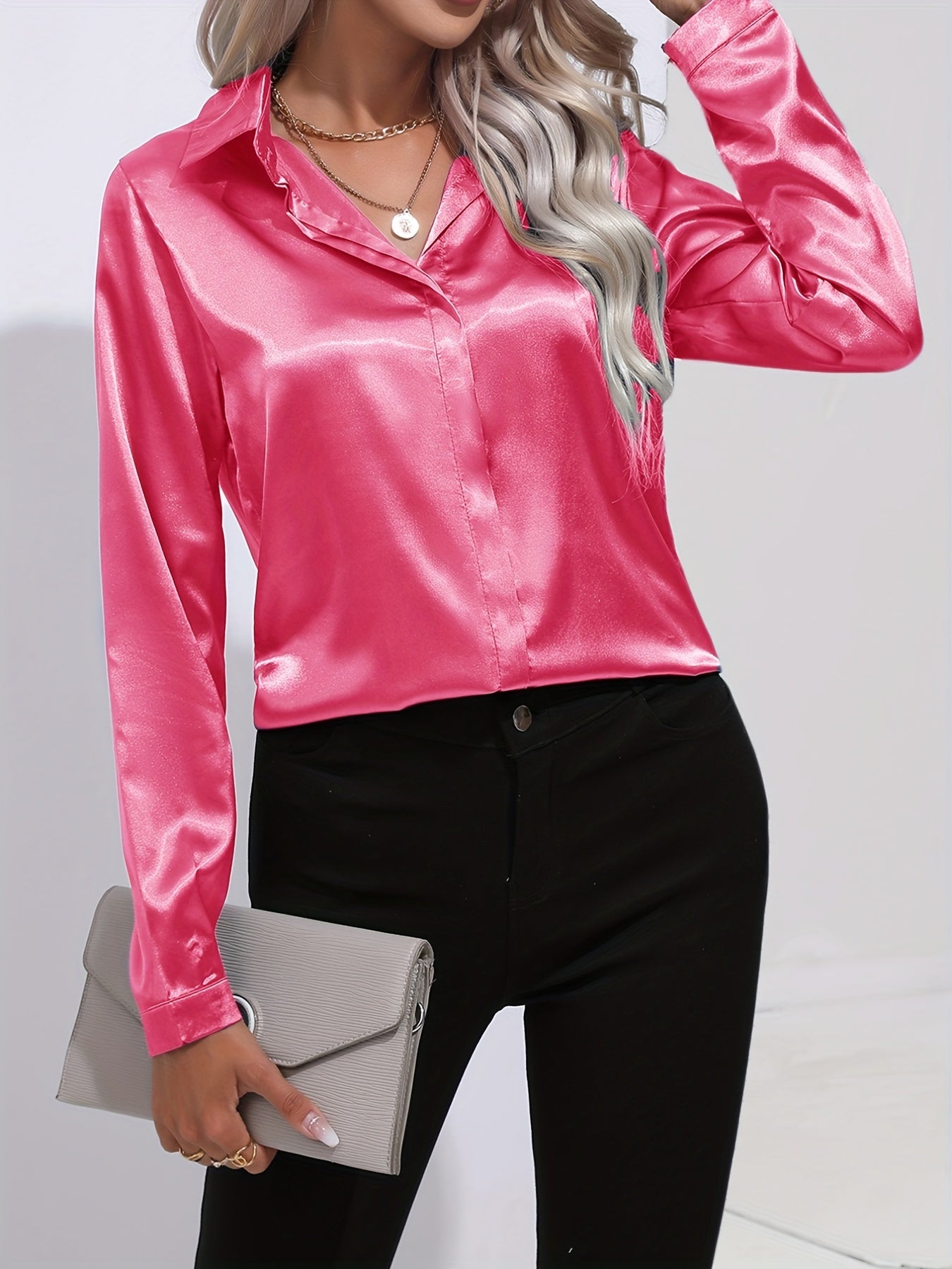 Antmvs  Elegant Satin Blouse, Collar Long Sleeve Work Blouse, Women's Clothing