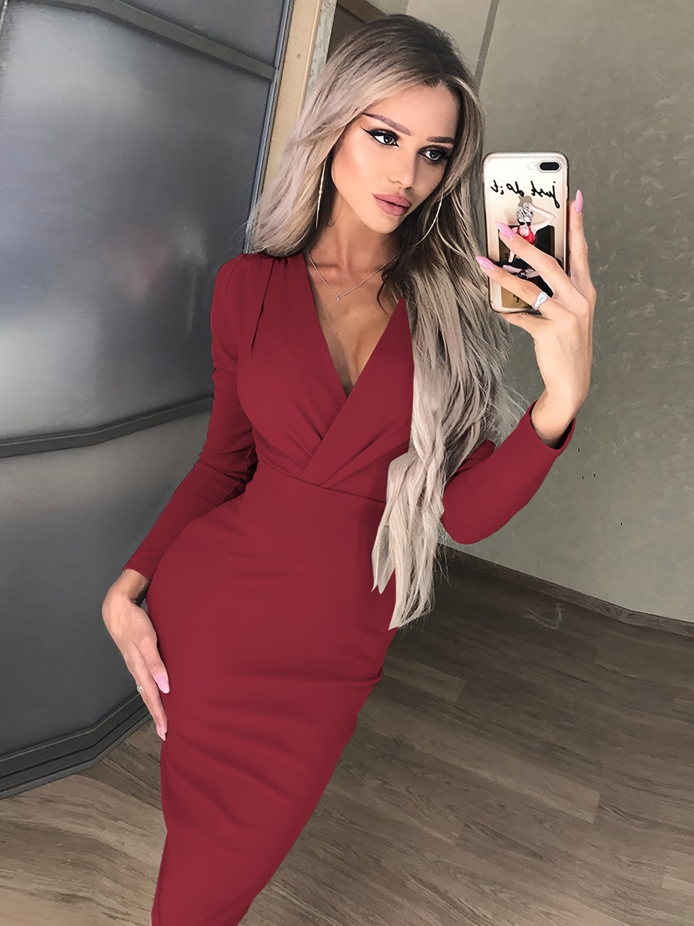 Antmvs Solid V Neck Maxi Bodycon Dresses, Sexy Club Long Sleeve Dress, Women's Clothing