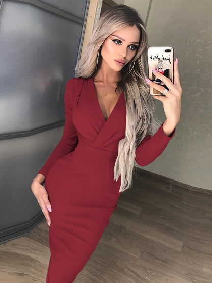 Antmvs Solid V Neck Maxi Bodycon Dresses, Sexy Club Long Sleeve Dress, Women's Clothing