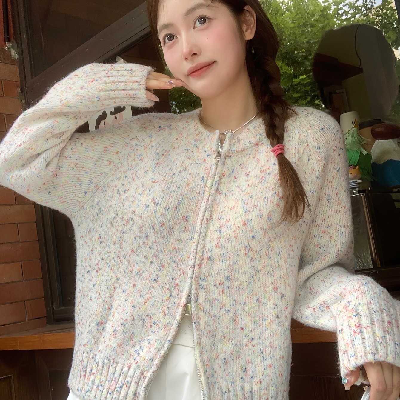 Antmvs Colorful Dot Zip Up Knit Cardigan, Casual Long Sleeve Sweater Coat, Women's Clothing