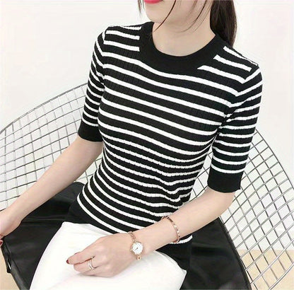 Antmvs Striped Print Knit Sweater, Casual Crew Neck Half Sleeve Ribbed Sweater, Women's Clothing