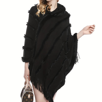 Antmvs Loose Knit Hooded Pullover Poncho Large Solid Color Batwing Tassel Shawl Autumn Winter Travel Outside Windproof Cape