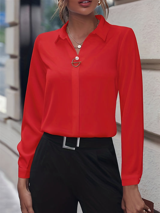 Antmvs Solid Polo Collar Shirt, Elegant Long Sleeve Shirt For Spring & Fall, Women's Clothing