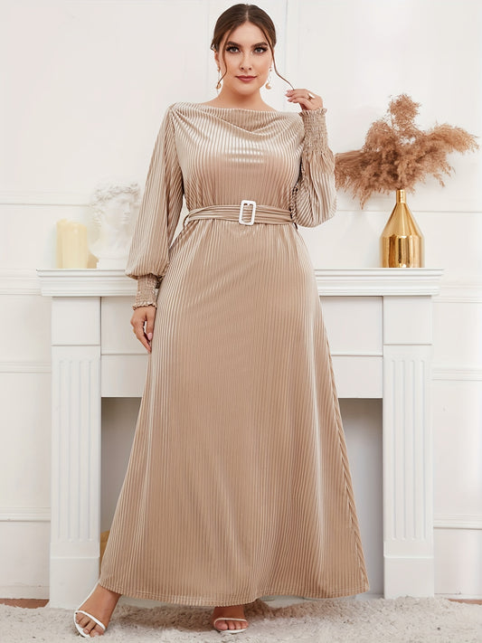 Antmvs Plus Size Elegant Dress, Women's Plus Solid Cowl Neck Long Sleeve Shirred Maxi Dress