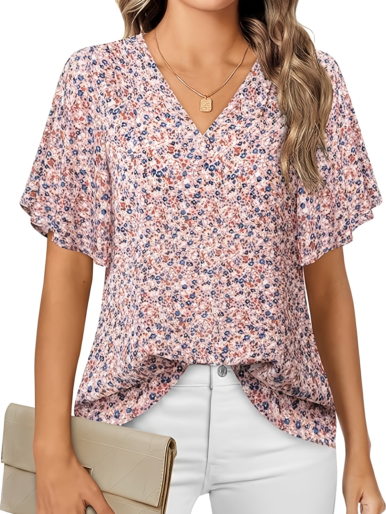 Plus Size Elegant Floral Print V Neck Blouse - Soft Non-Stretch Polyester Fabric, Casual Short Sleeve, Perfect for Spring & Summer - Womens Plus Size Clothing for All Seasons