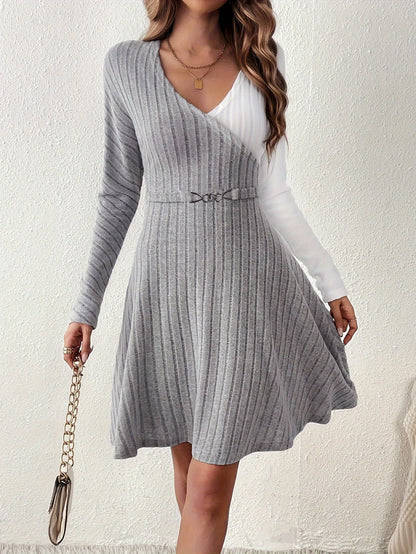 Antmvs Ribbed Color Block Dress, Elegant A-line V Neck Long Sleeve Dress, Women's Clothing